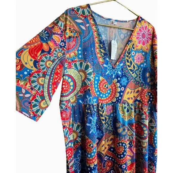 IZURIA Blue & Yellow Floral Paisley Maxi Dress Bohemian Summer Spring XXL NEW - Picture 2 of 7